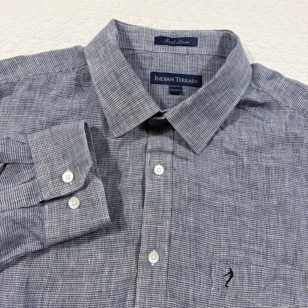 Indian‎ Terrain Mens Button Down Shirt XXL Slim Fit Irish Linen Blue LS EUC
